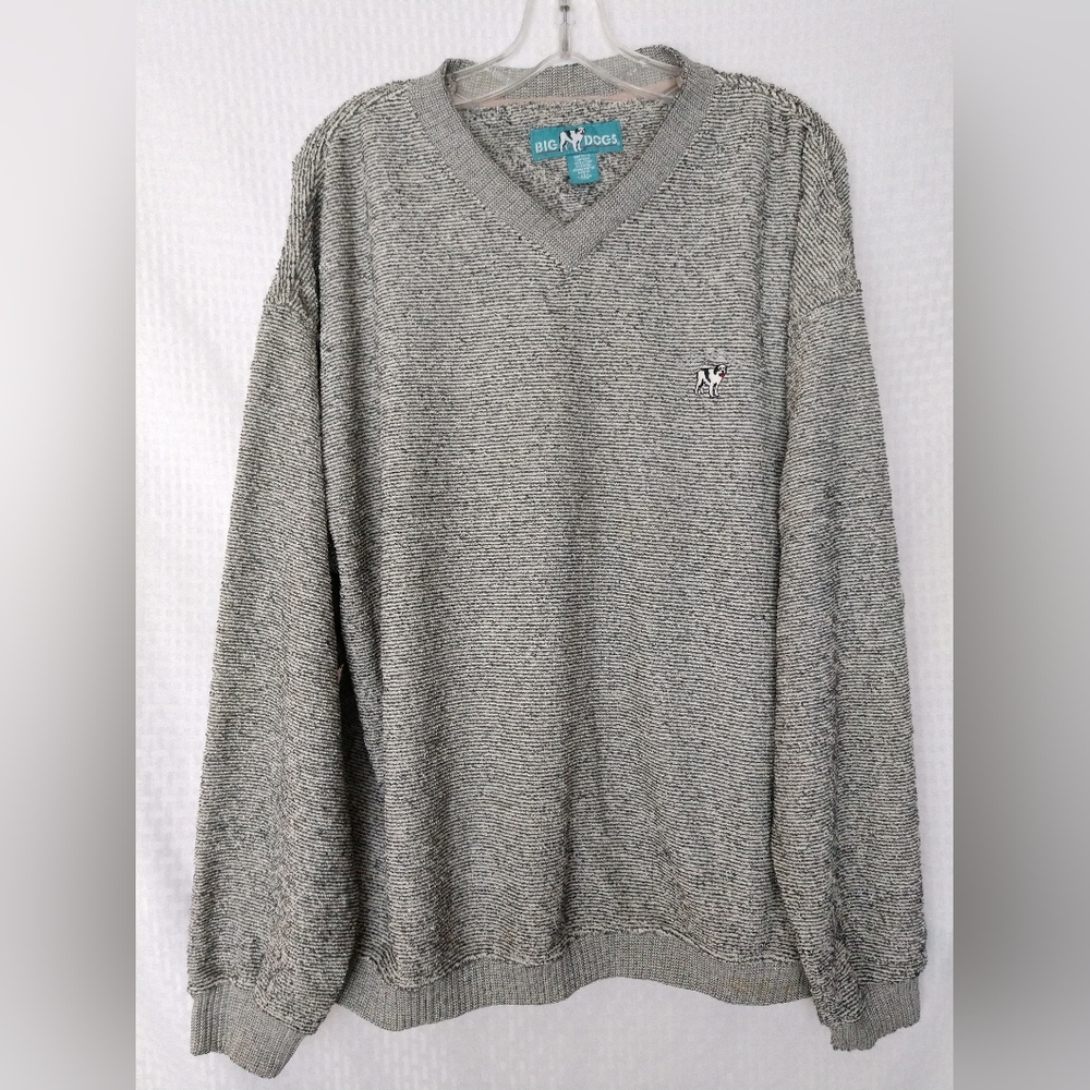Big Dogs Sweater Grey White Striped V Neck Size Men's Large Chest 48"